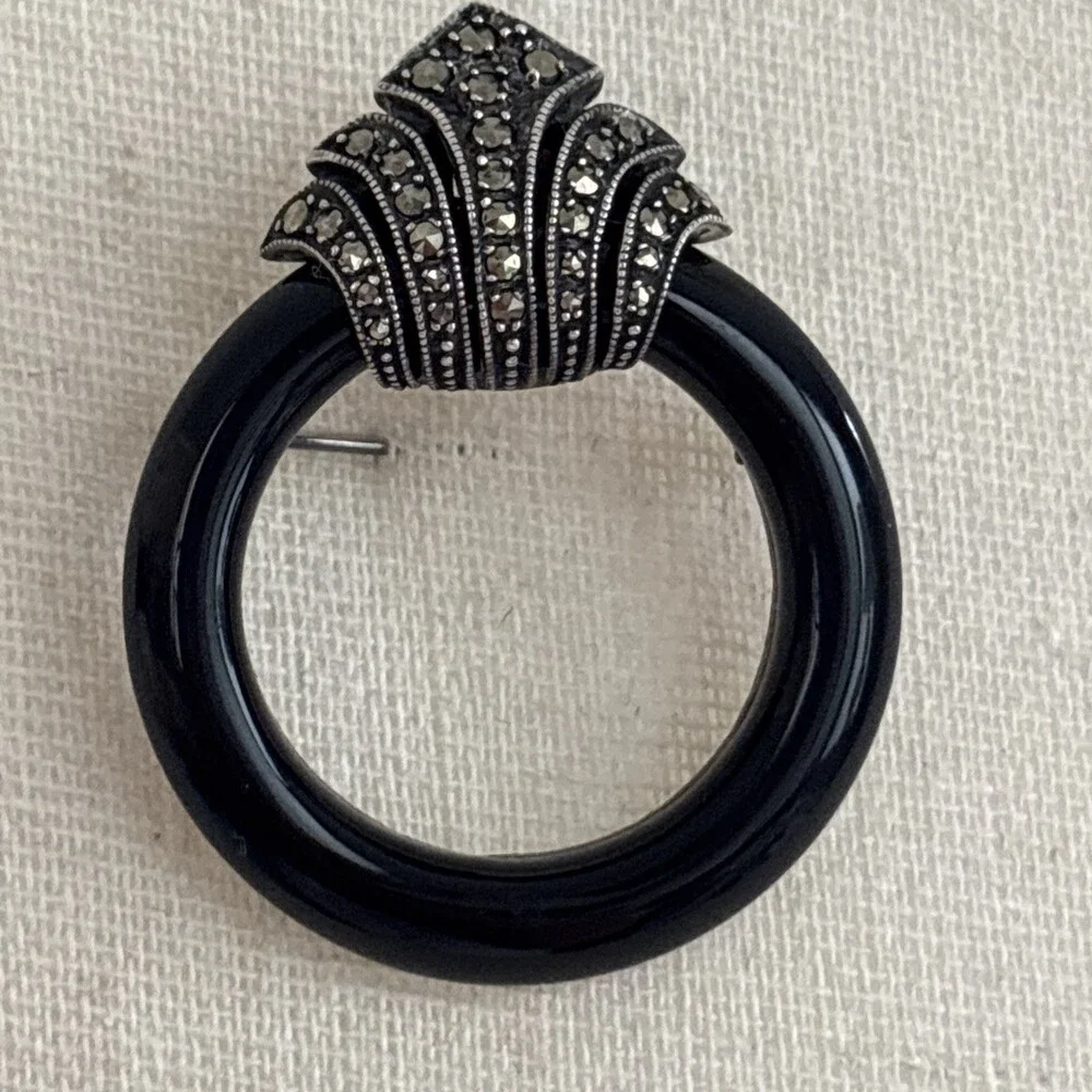 Vintage Sterling Marcasite Black Onyx Pin Brooch Doorknocker Art Deco